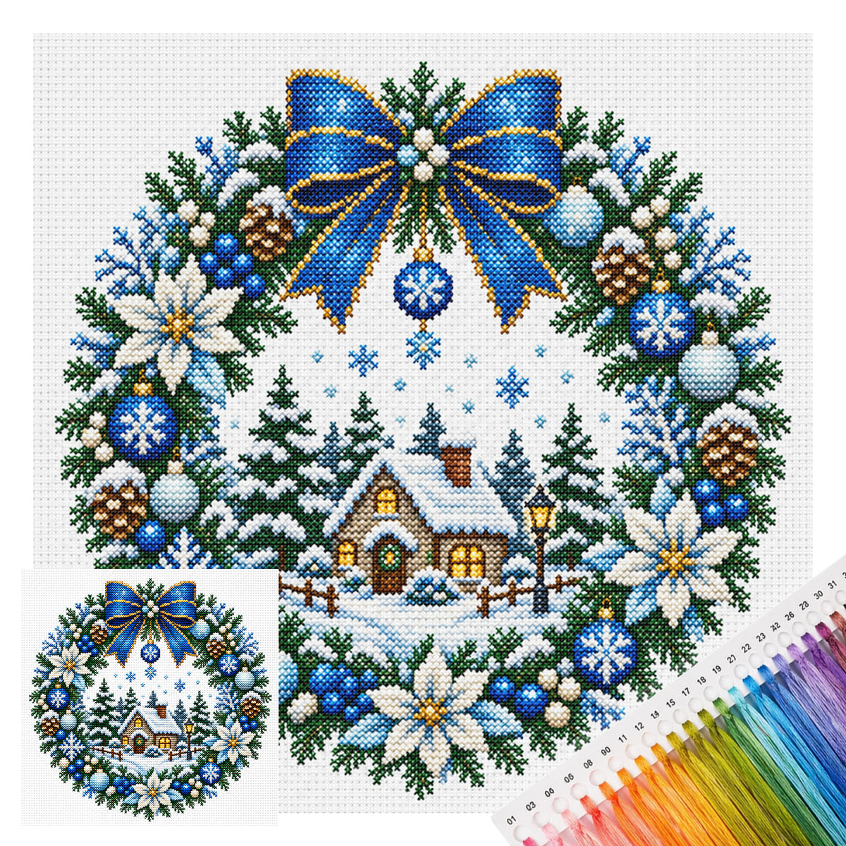 Schneewald-Hütten-Kranz - Vollständiges 14CT gestempeltes Kreuzstich-Set 40x40cm - Huacan