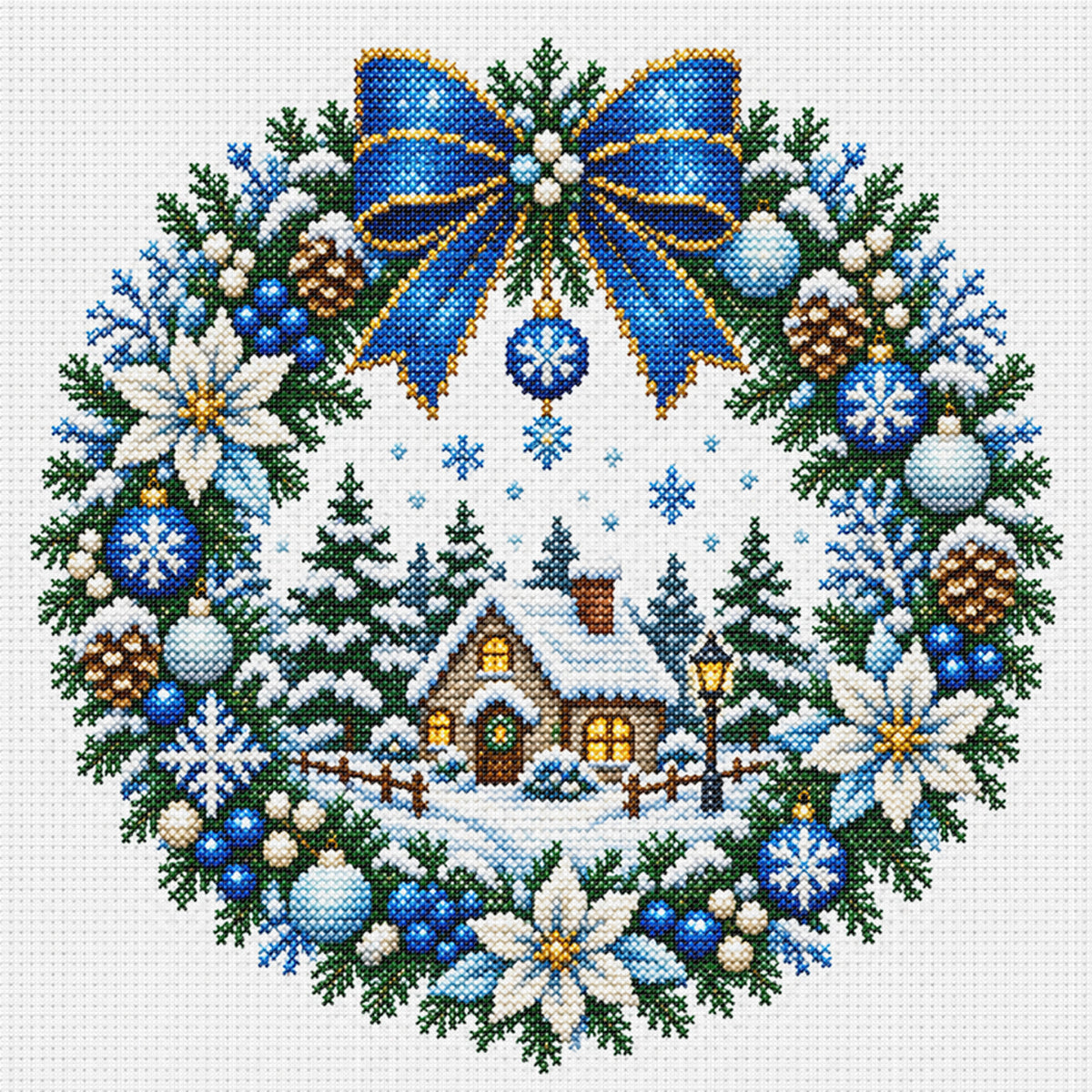 Schneewald-Hütten-Kranz - Vollständiges 14CT gestempeltes Kreuzstich-Set 40x40cm - Huacan