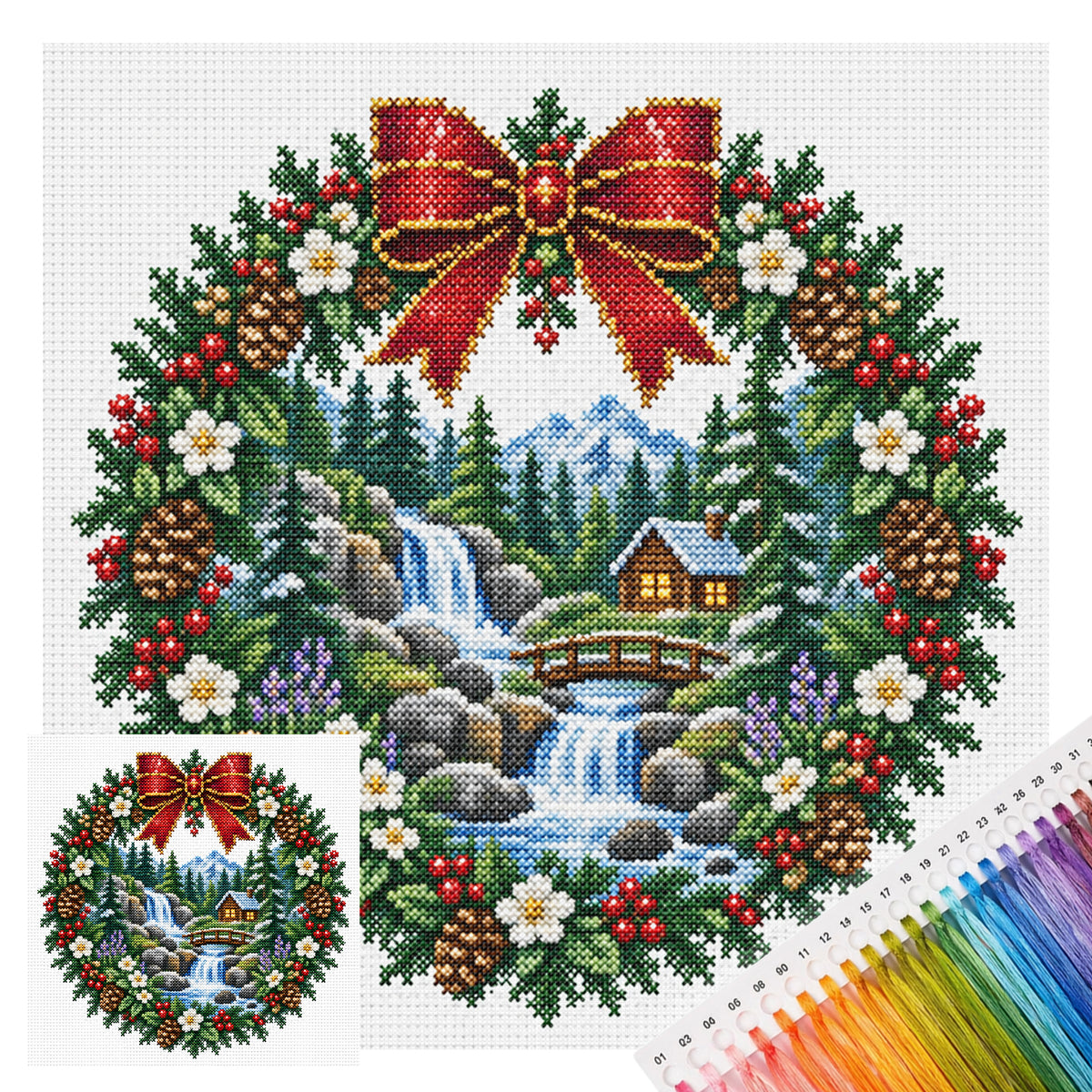 Berg-Wasserfall-Kranz - Vollständiges 14CT gestempeltes Kreuzstich-Set 40x40CM - Huacan