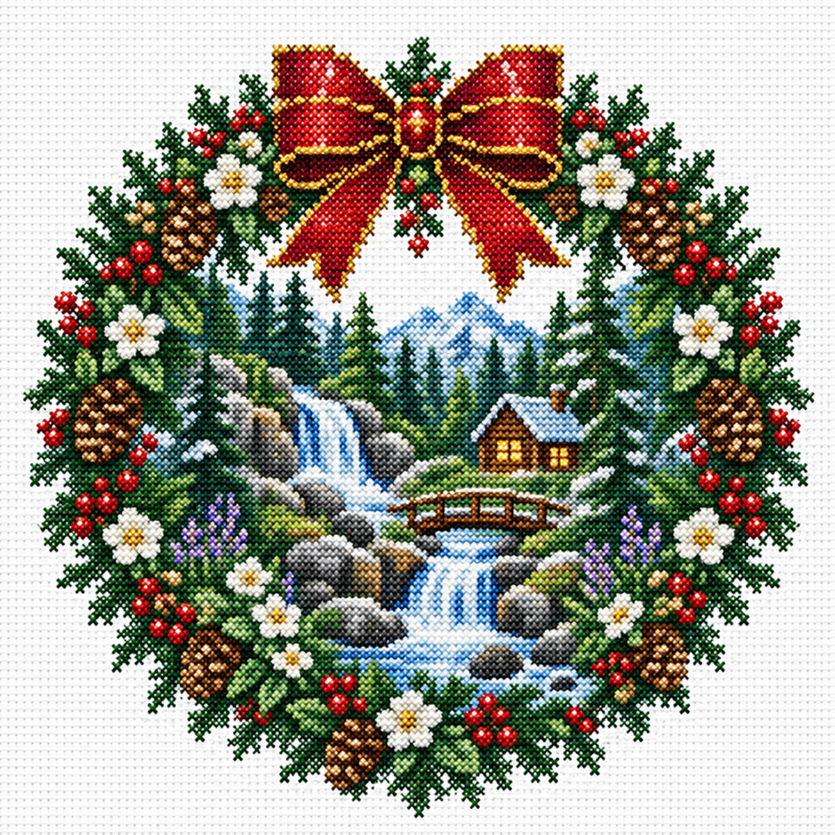 Berg-Wasserfall-Kranz - Vollständiges 14CT gestempeltes Kreuzstich-Set 40x40CM - Huacan