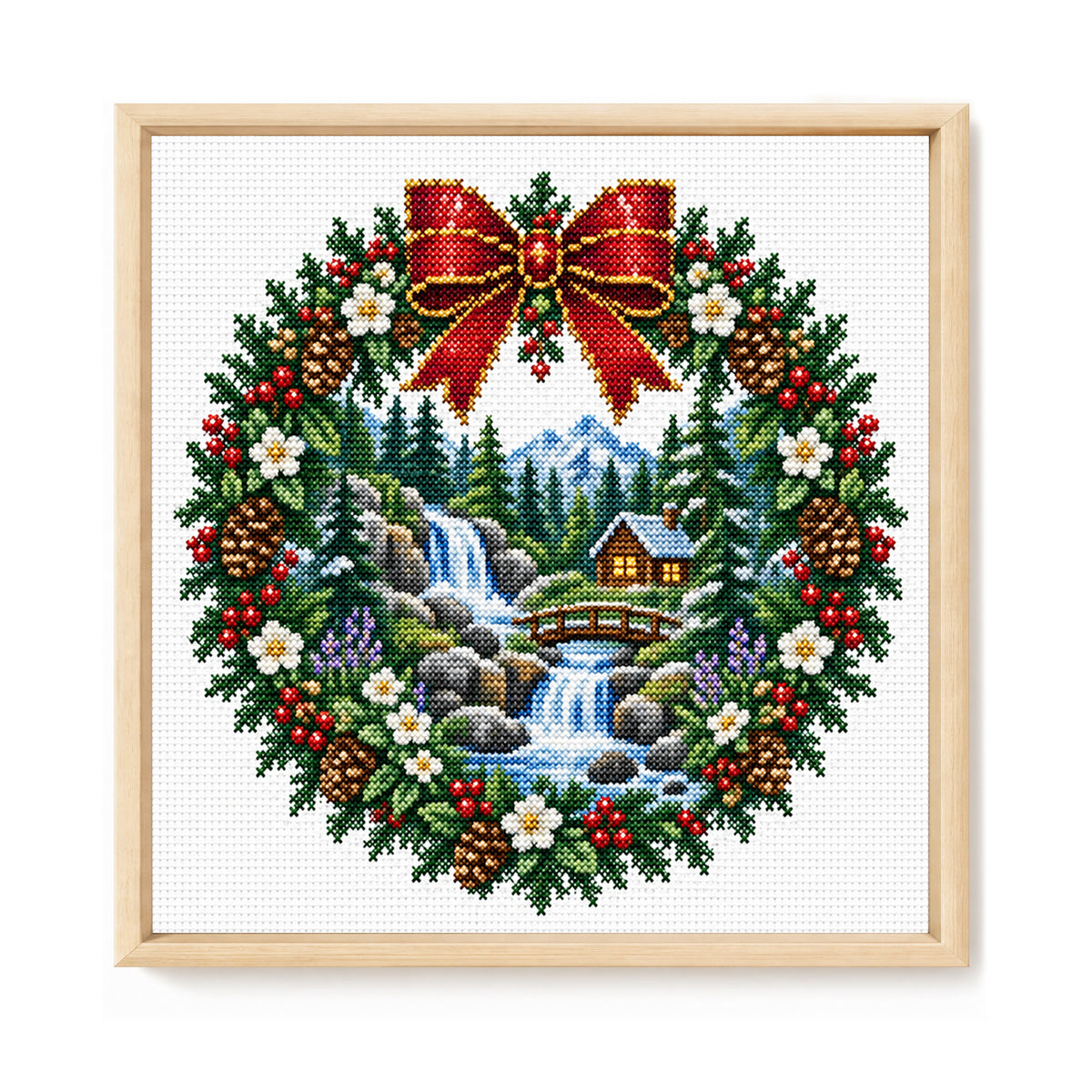 Berg-Wasserfall-Kranz - Vollständiges 14CT gestempeltes Kreuzstich-Set 40x40CM - Huacan