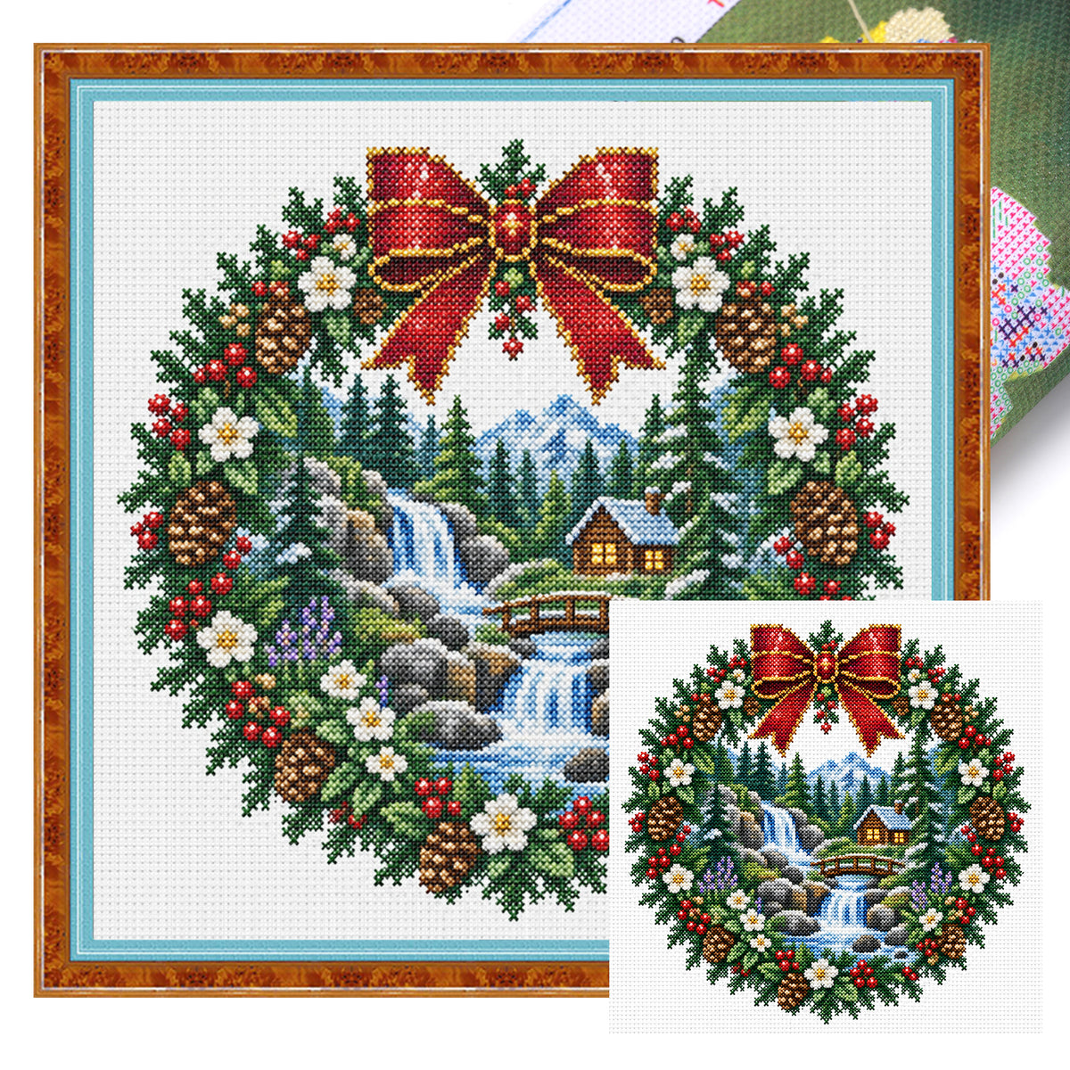 Berg-Wasserfall-Kranz - Vollständiges 14CT gestempeltes Kreuzstich-Set 40x40CM - Huacan