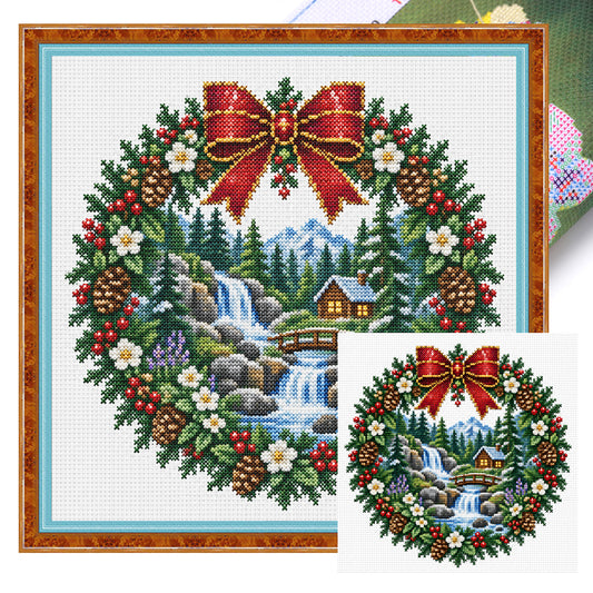 Berg-Wasserfall-Kranz - Vollständiges 14CT gestempeltes Kreuzstich-Set 40x40CM - Huacan