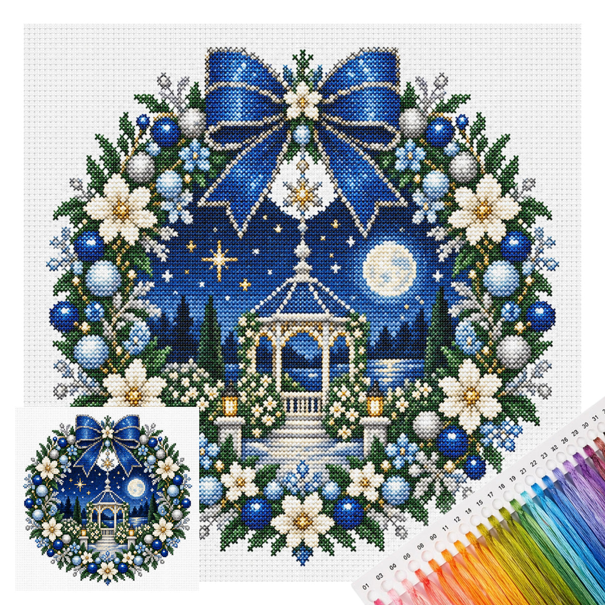 Moonlit Pavilion Wreath - Full 14CT Stamped Cross Stitch 40x40CM - Huacan