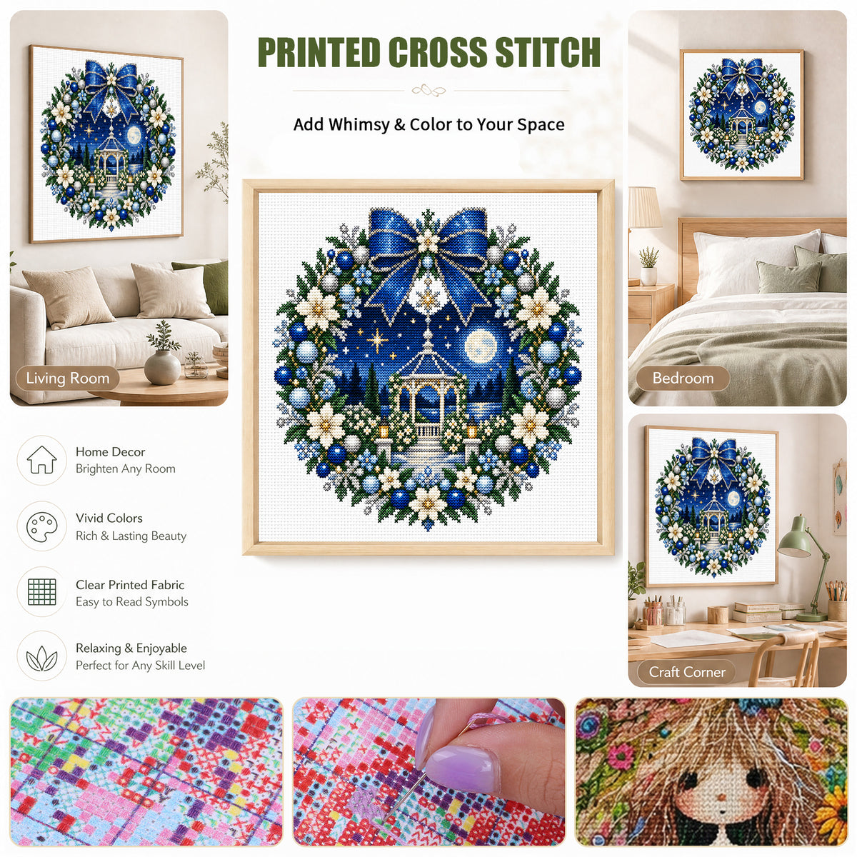 Moonlit Pavilion Wreath - Full 14CT Stamped Cross Stitch 40x40CM - Huacan
