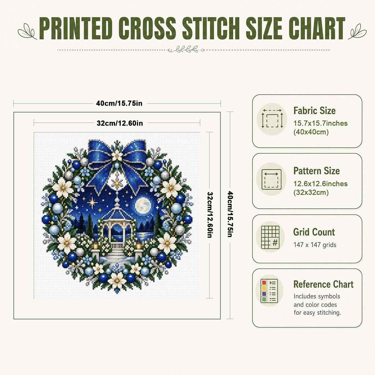 Moonlit Pavilion Wreath - Full 14CT Stamped Cross Stitch 40x40CM - Huacan