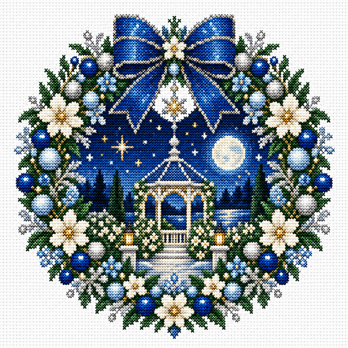 Moonlit Pavilion Wreath - Full 14CT Stamped Cross Stitch 40x40CM - Huacan