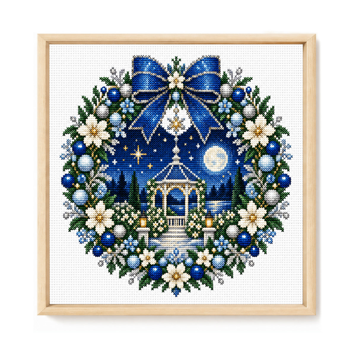 Moonlit Pavilion Wreath - Full 14CT Stamped Cross Stitch 40x40CM - Huacan