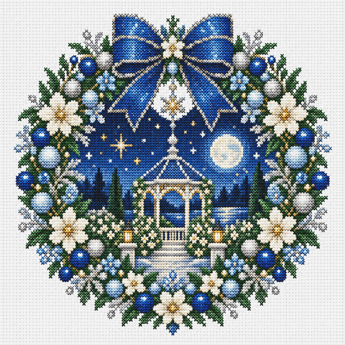 Moonlit Pavilion Wreath - Full 14CT Stamped Cross Stitch 40x40CM - Huacan