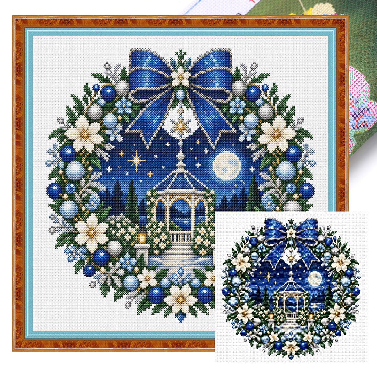 Moonlit Pavilion Wreath - Full 14CT Stamped Cross Stitch 40x40CM - Huacan