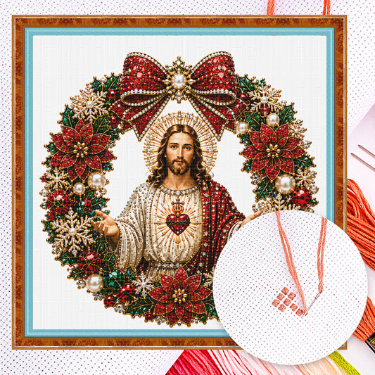 Heiligstes Herz Jesu – Vollständiges 14CT Zählmuster-Stickset 40x40 cm – Huacan