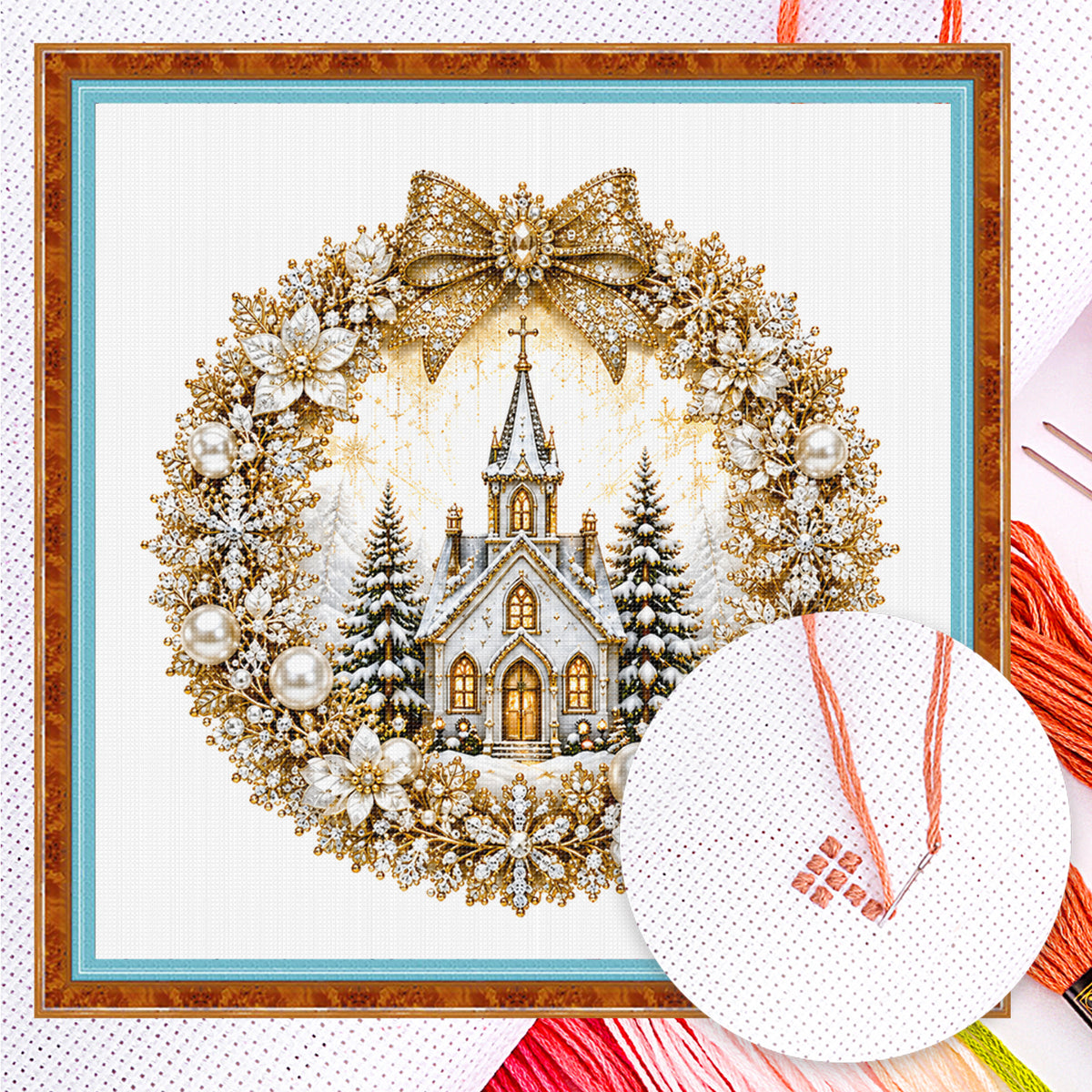 Goldene Kirche - Vollständiges 14CT gezähltes Kreuzstichset 40x40CM - Huacan