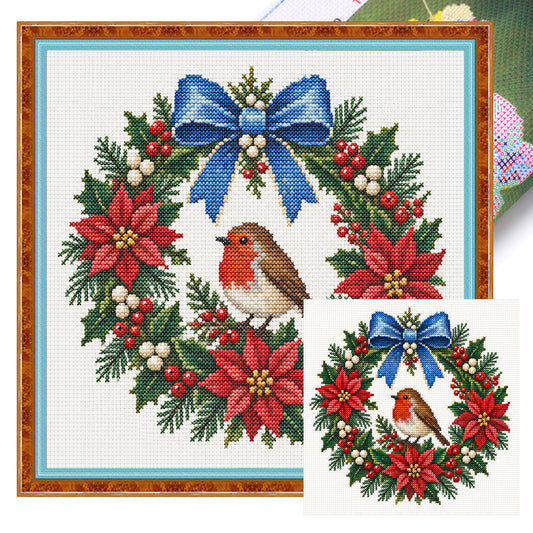 Rotkehlchen-Weihnachtskranz – Vollständiges 14CT-Stempel-Kreuzstichset 30x30CM – Huacan