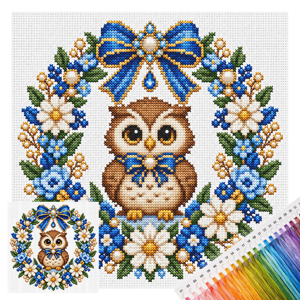 Blue Flower Owl Wreath - Full 14CT Stamped Cross Stitch 30x30CM - Huacan