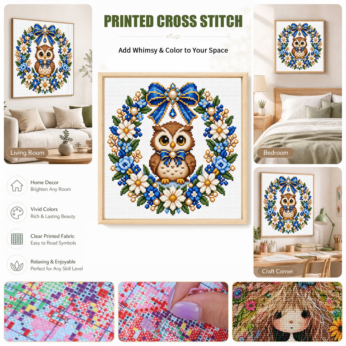 Blue Flower Owl Wreath - Full 14CT Stamped Cross Stitch 30x30CM - Huacan