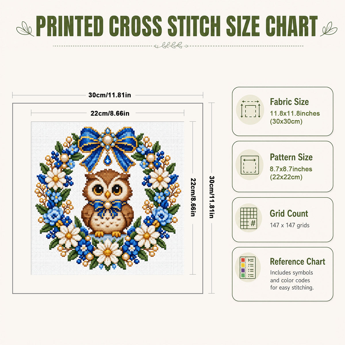 Blue Flower Owl Wreath - Full 14CT Stamped Cross Stitch 30x30CM - Huacan