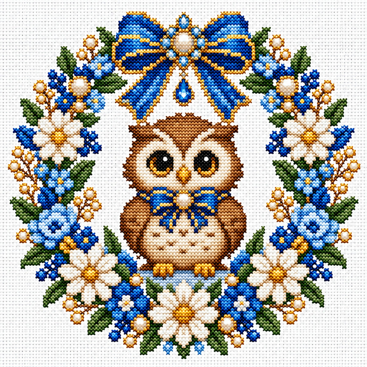 Blue Flower Owl Wreath - Full 14CT Stamped Cross Stitch 30x30CM - Huacan