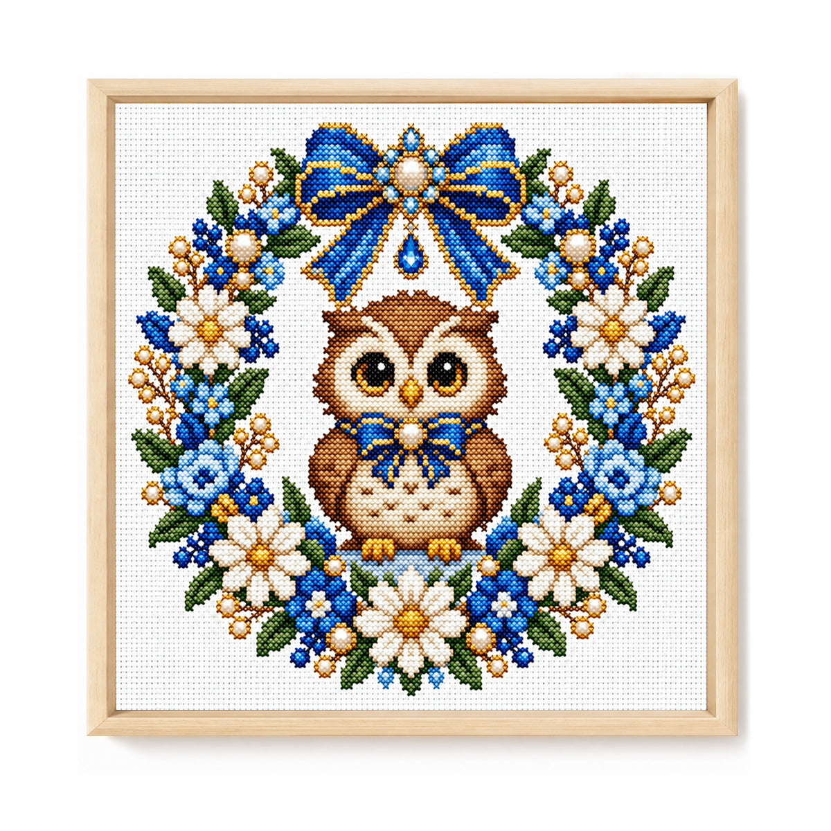 Blue Flower Owl Wreath - Full 14CT Stamped Cross Stitch 30x30CM - Huacan