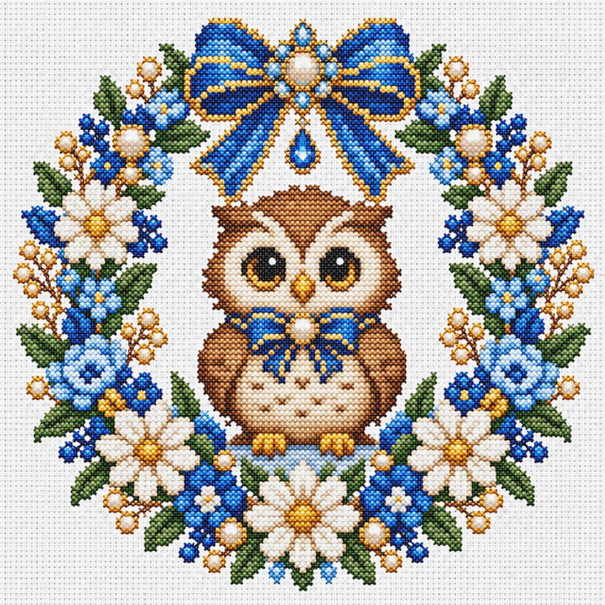 Blue Flower Owl Wreath - Full 14CT Stamped Cross Stitch 30x30CM - Huacan