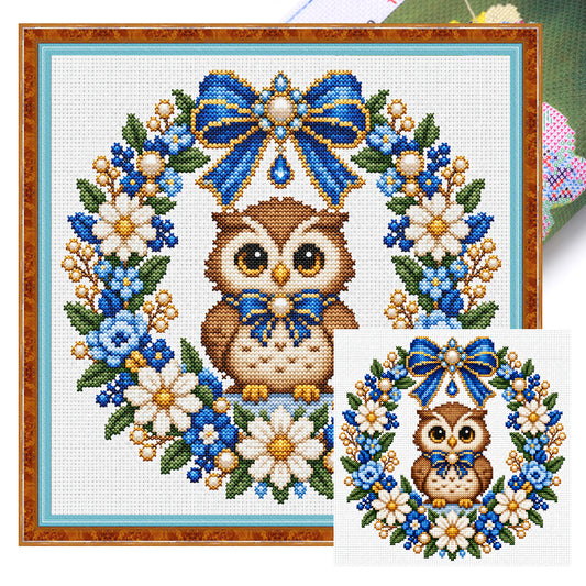 Blaue Blumen-Eulen-Kranz - Vollständiges 14CT gestempeltes Kreuzstich-Set 30x30CM - Huacan
