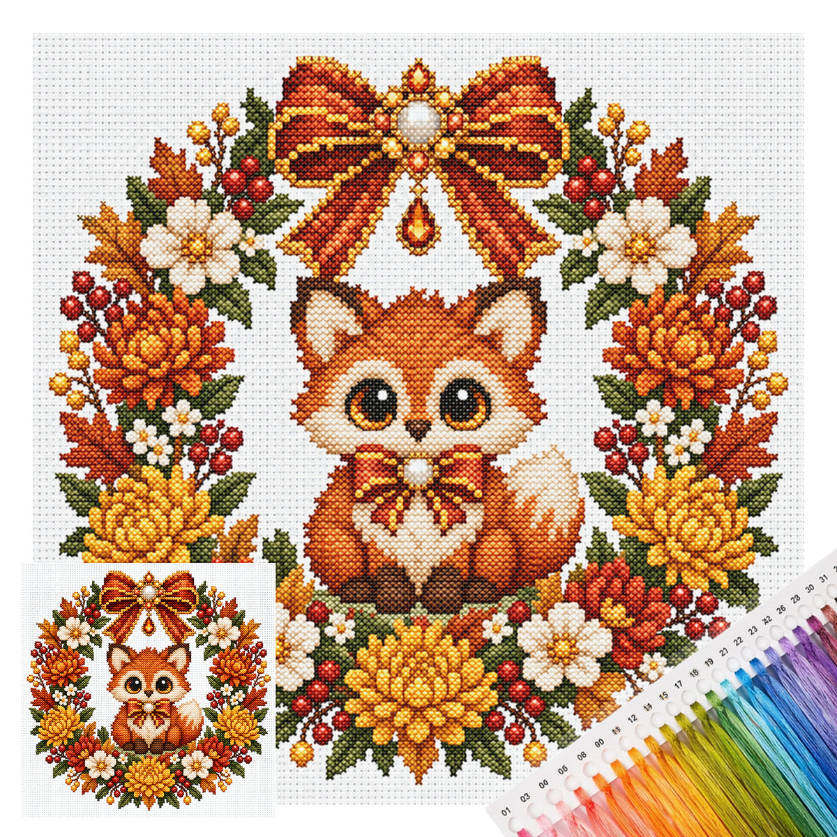 Autumn Fox Wreath - Full 14CT Stamped Cross Stitch 30x30CM - Huacan