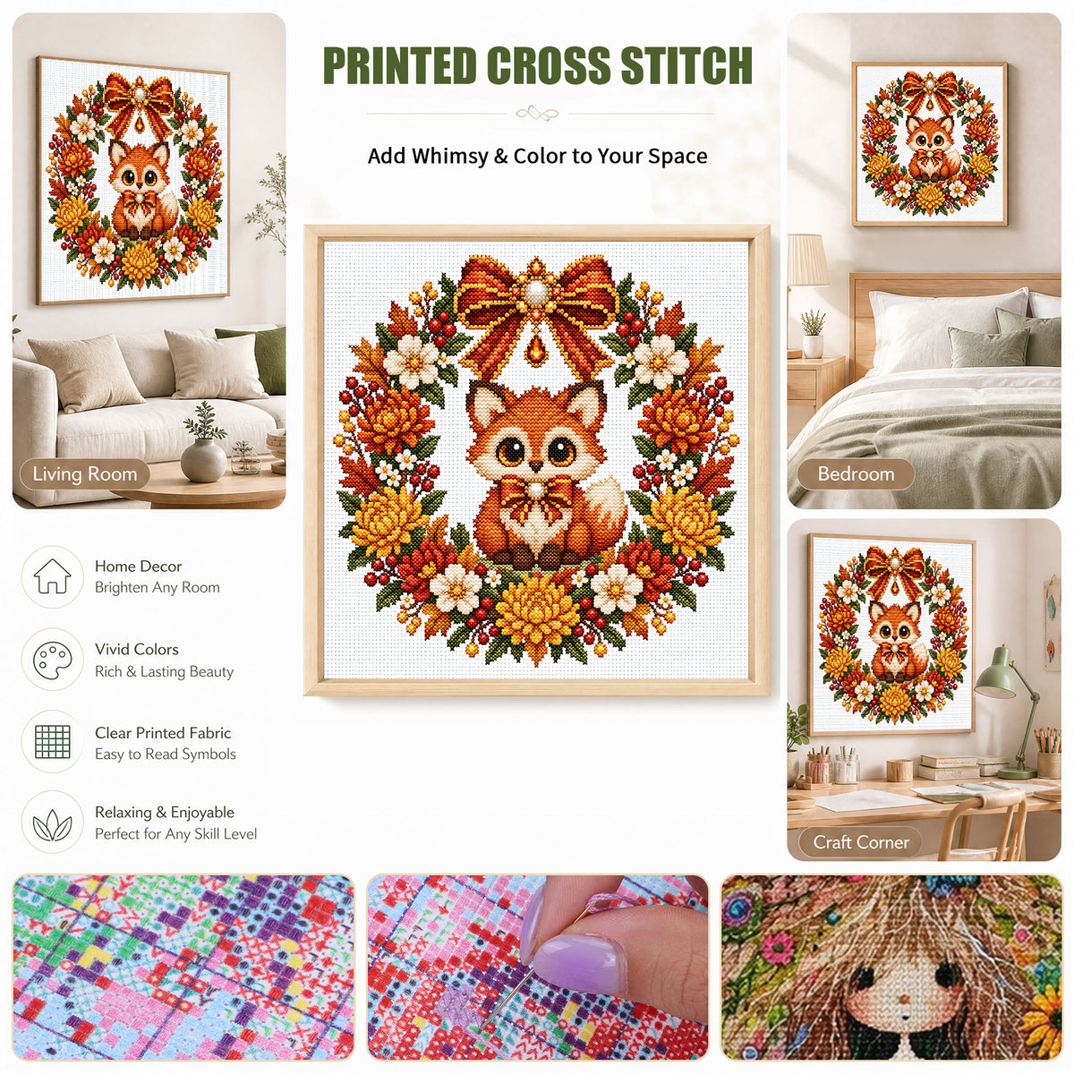 Autumn Fox Wreath - Full 14CT Stamped Cross Stitch 30x30CM - Huacan