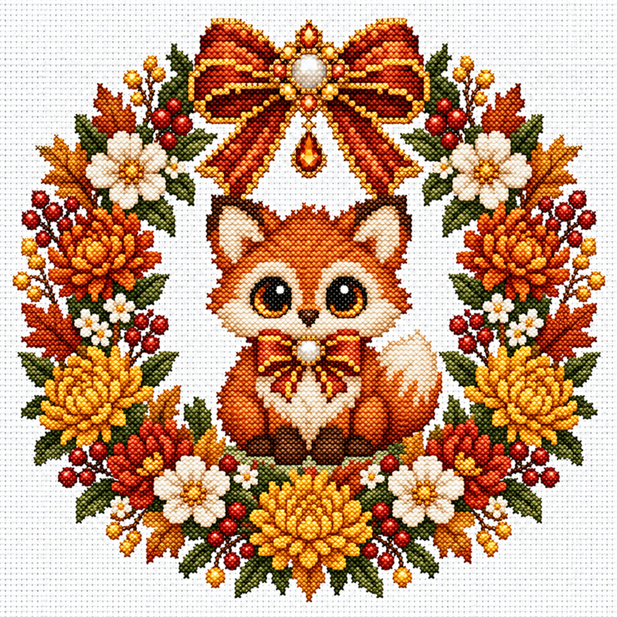 Autumn Fox Wreath - Full 14CT Stamped Cross Stitch 30x30CM - Huacan