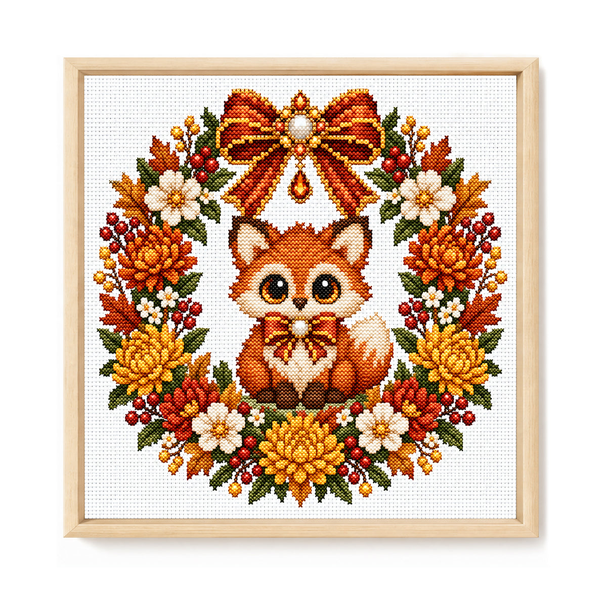 Autumn Fox Wreath - Full 14CT Stamped Cross Stitch 30x30CM - Huacan
