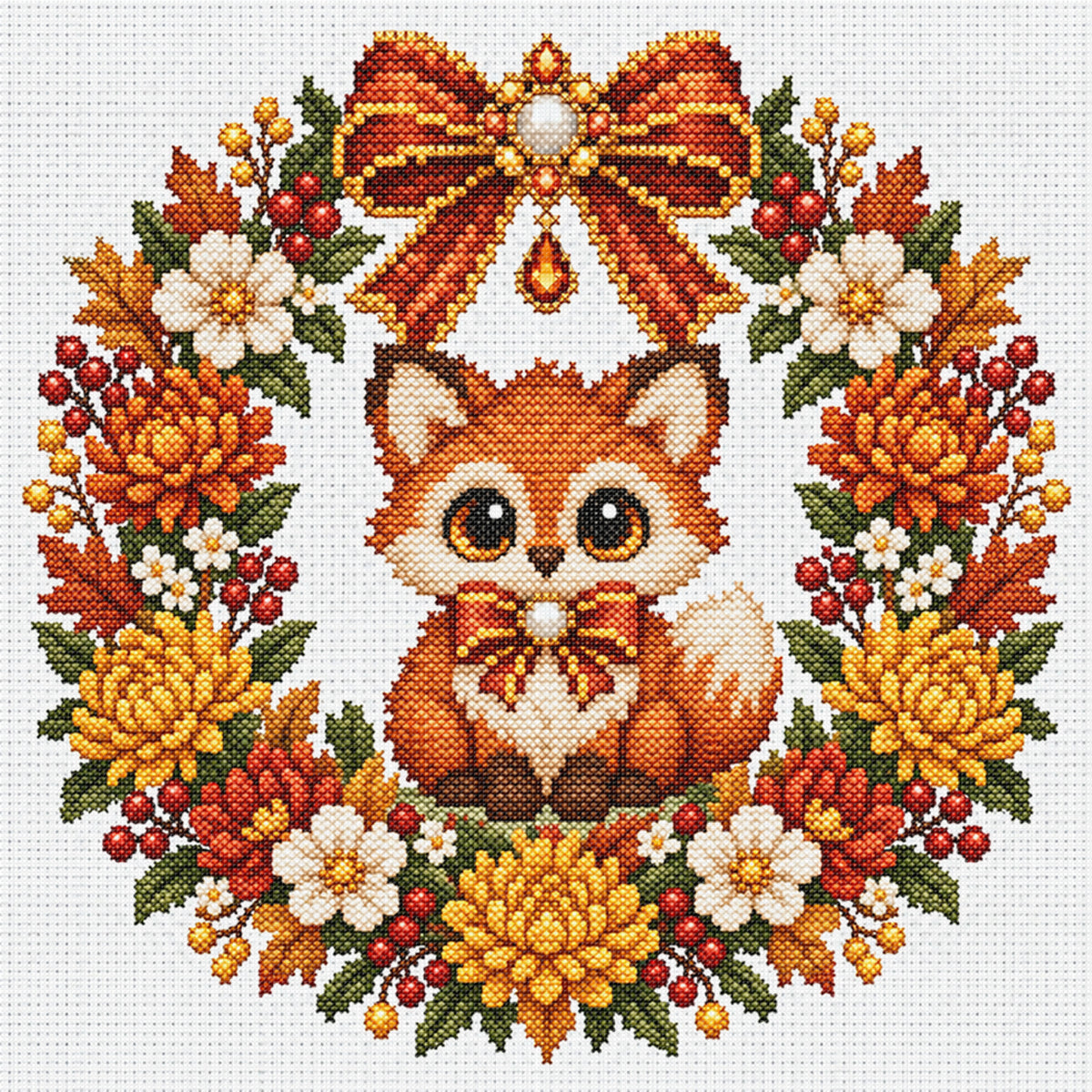 Autumn Fox Wreath - Full 14CT Stamped Cross Stitch 30x30CM - Huacan