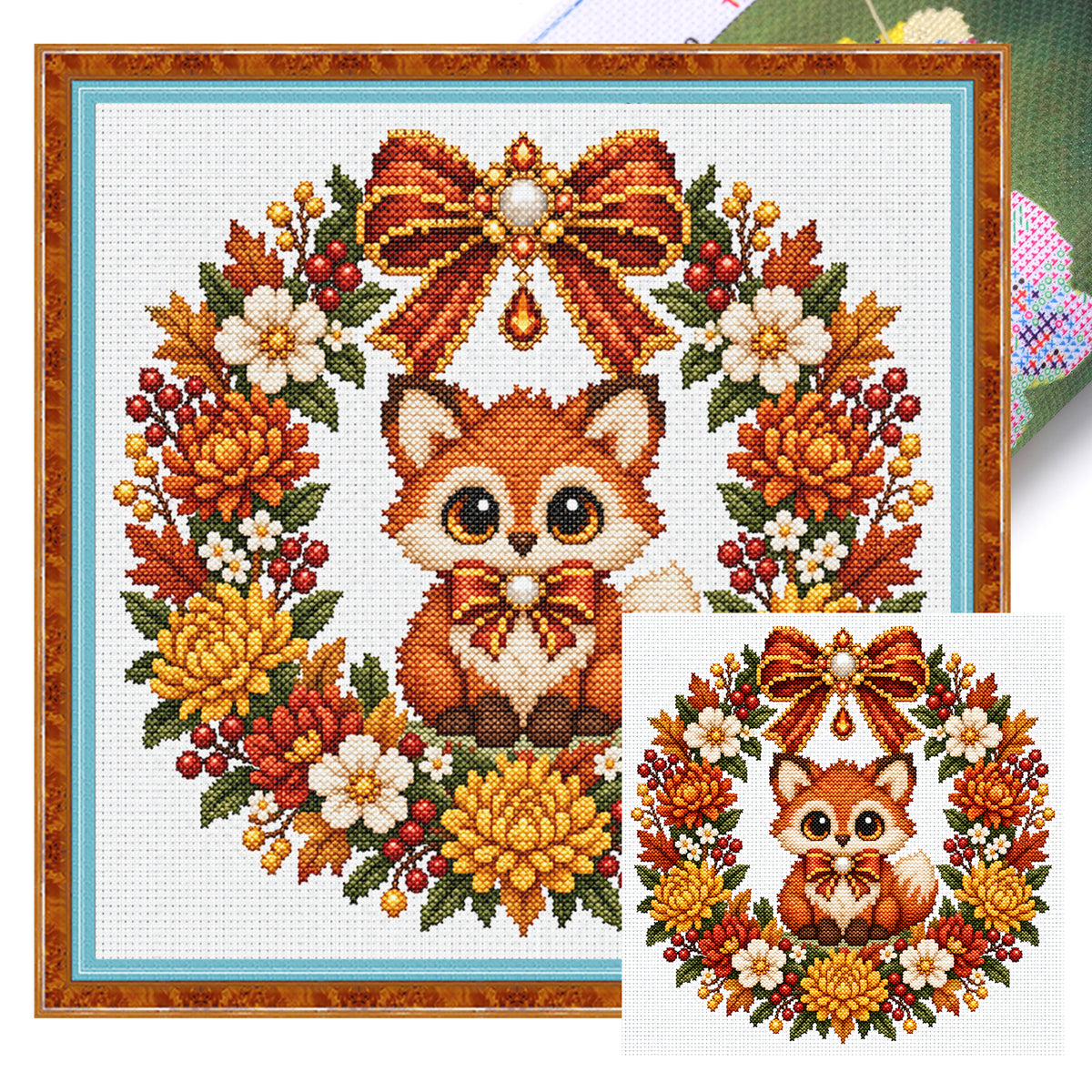 Autumn Fox Wreath - Full 14CT Stamped Cross Stitch 30x30CM - Huacan