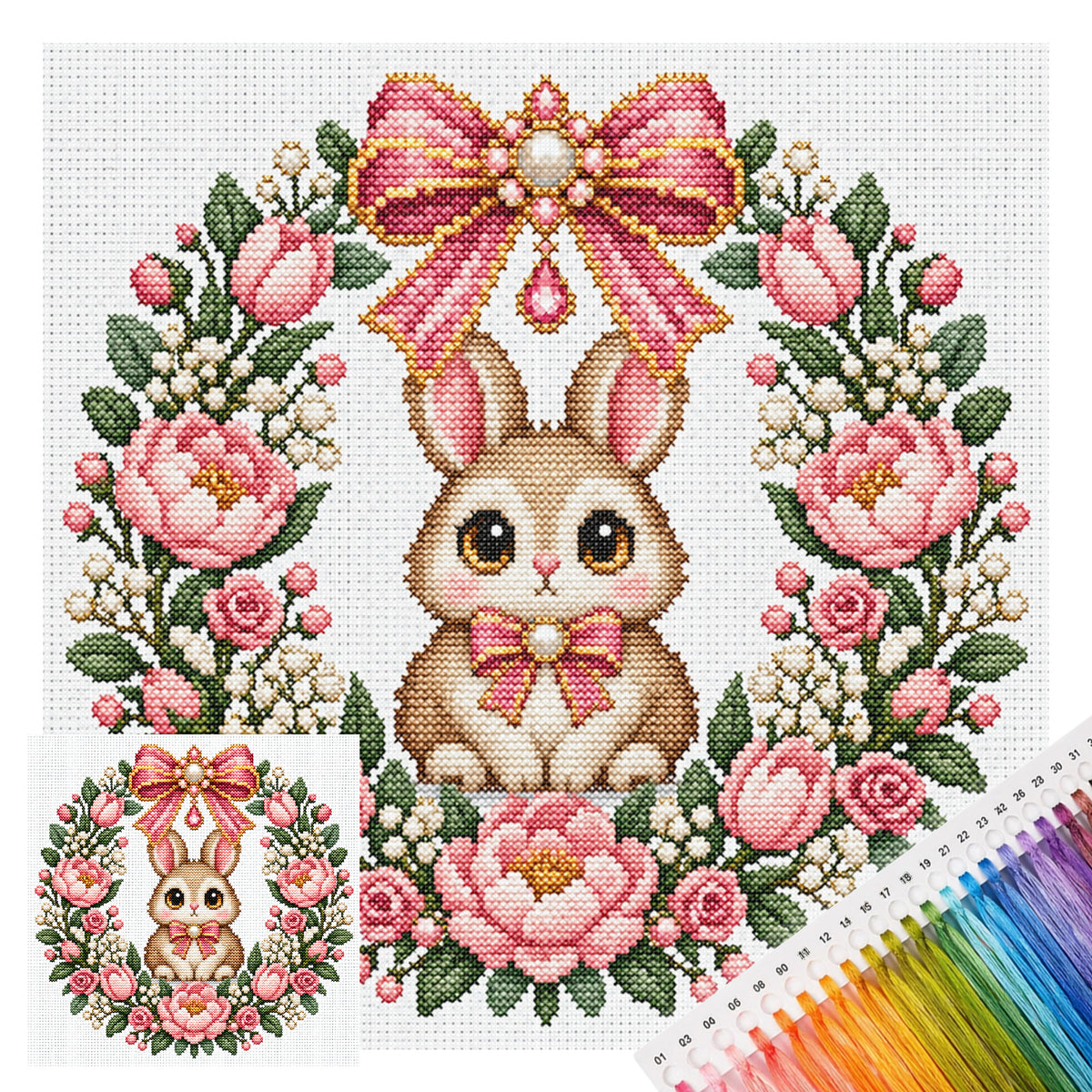 Pink Flower Rabbit Wreath - Full 14CT Stamped Cross Stitch 30x30CM - Huacan