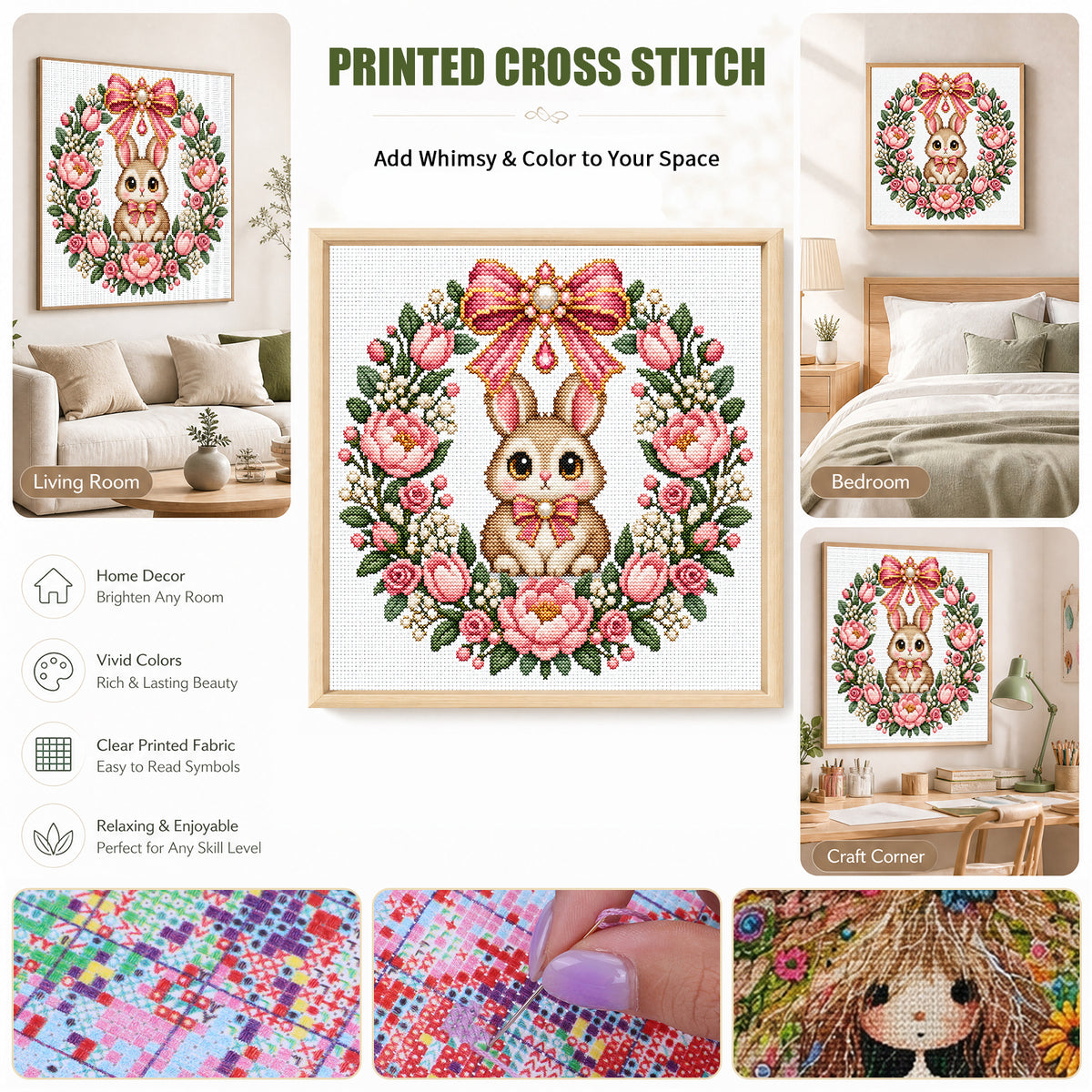 Pink Flower Rabbit Wreath - Full 14CT Stamped Cross Stitch 30x30CM - Huacan