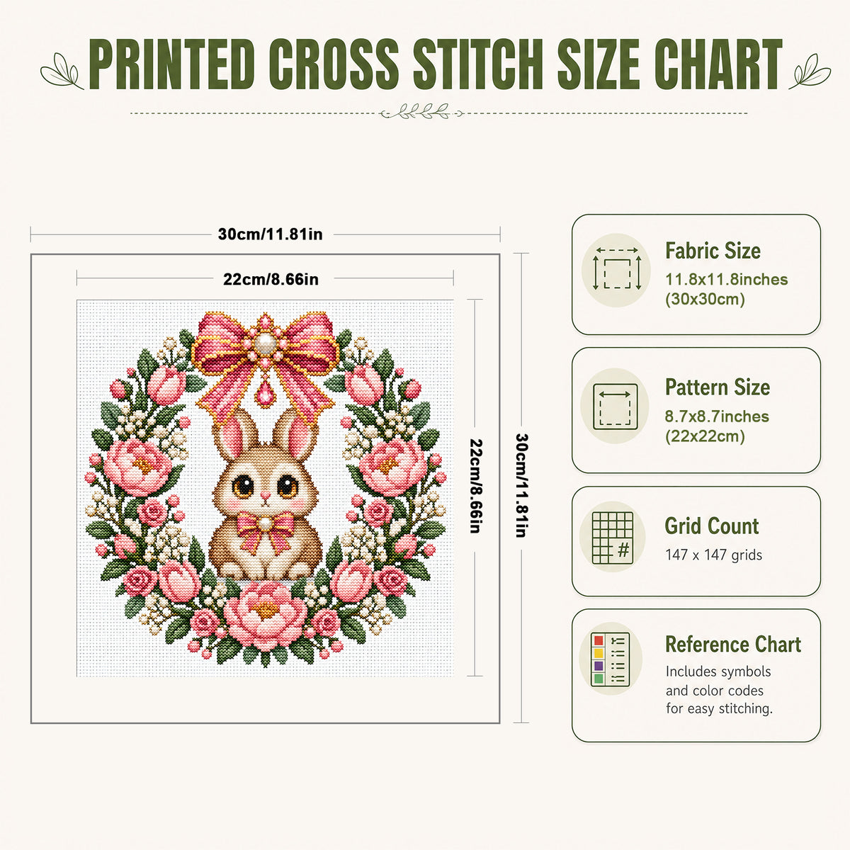 Pink Flower Rabbit Wreath - Full 14CT Stamped Cross Stitch 30x30CM - Huacan