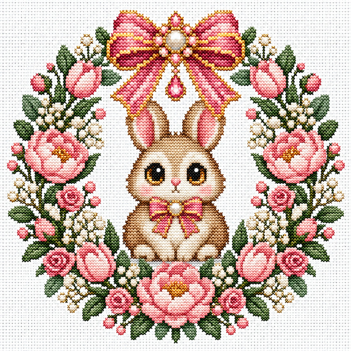 Pink Flower Rabbit Wreath - Full 14CT Stamped Cross Stitch 30x30CM - Huacan