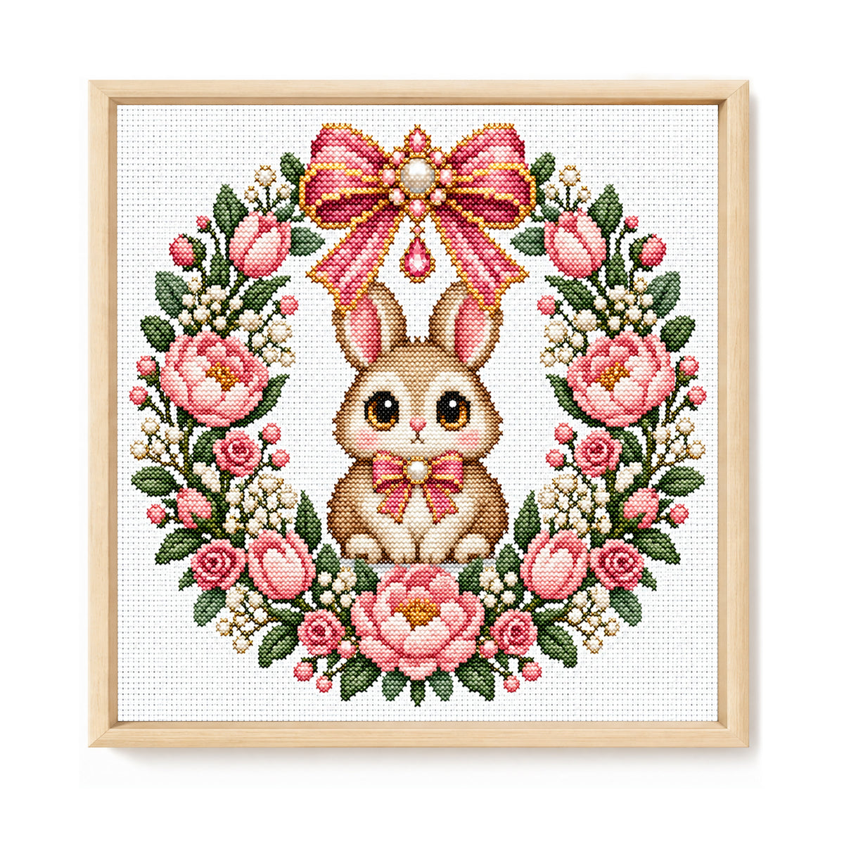 Pink Flower Rabbit Wreath - Full 14CT Stamped Cross Stitch 30x30CM - Huacan