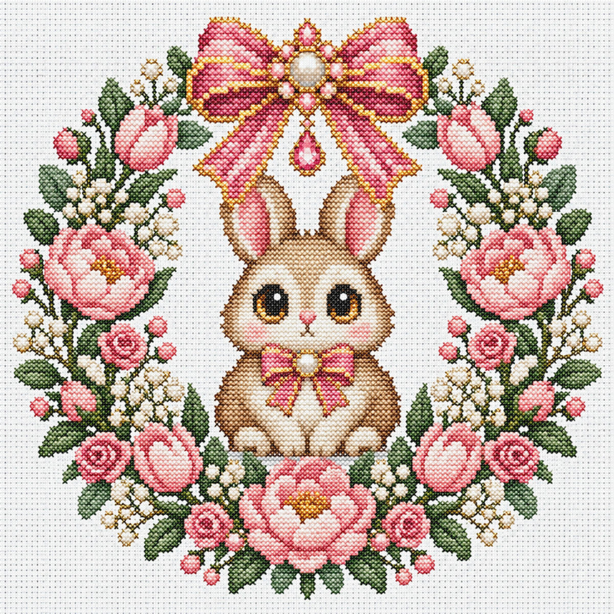 Pink Flower Rabbit Wreath - Full 14CT Stamped Cross Stitch 30x30CM - Huacan