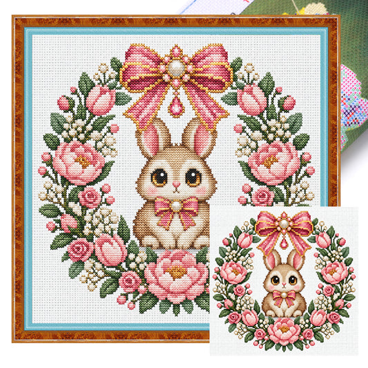 Rosa Blumen-Hasen-Kranz – Vollständiges 14CT gestempeltes Kreuzstich-Set 30x30CM – Huacan