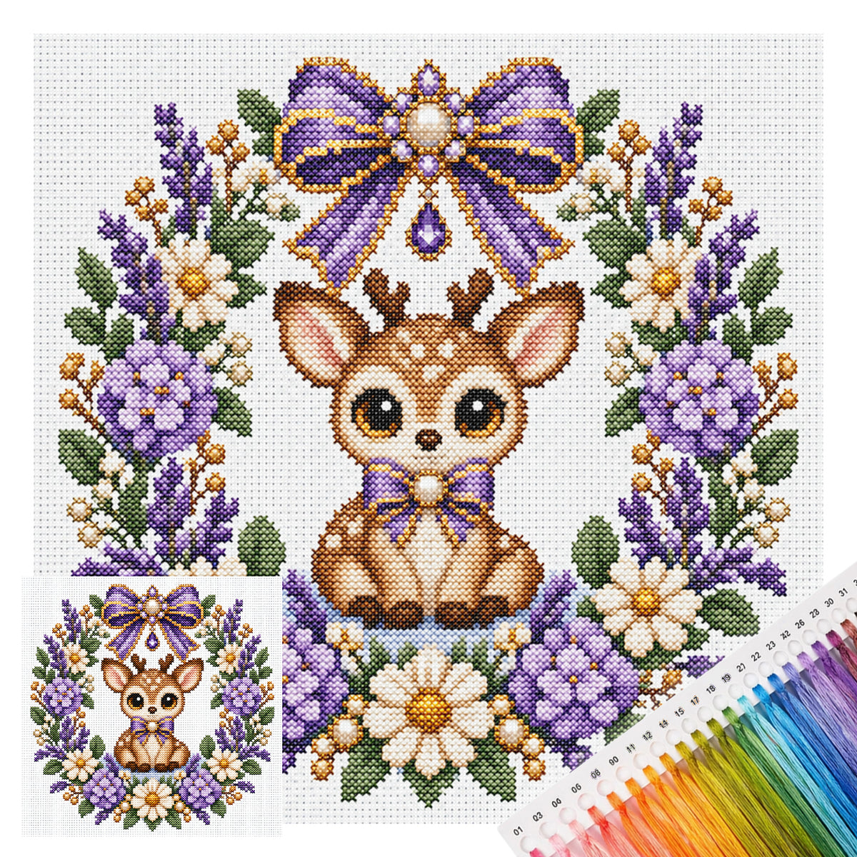 Purple Flower Deer Wreath - Full 14CT Stamped Cross Stitch 30x30CM - Huacan