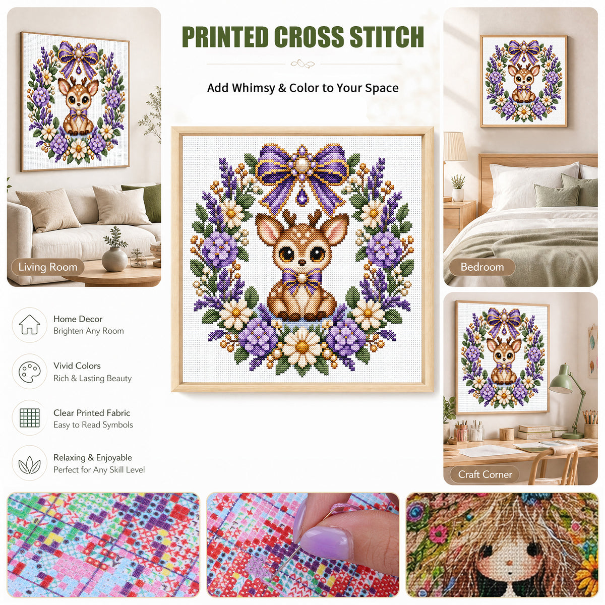 Purple Flower Deer Wreath - Full 14CT Stamped Cross Stitch 30x30CM - Huacan