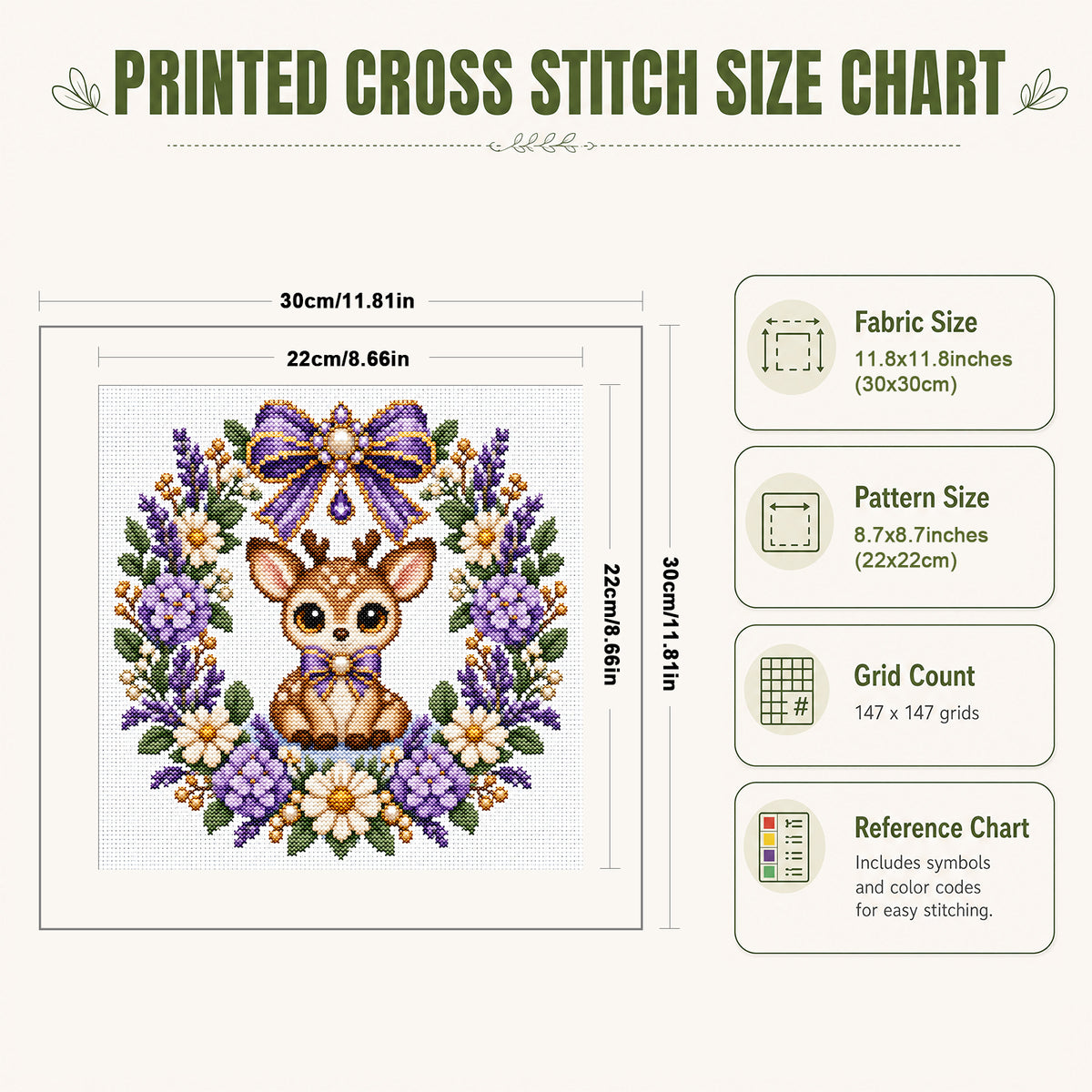 Purple Flower Deer Wreath - Full 14CT Stamped Cross Stitch 30x30CM - Huacan