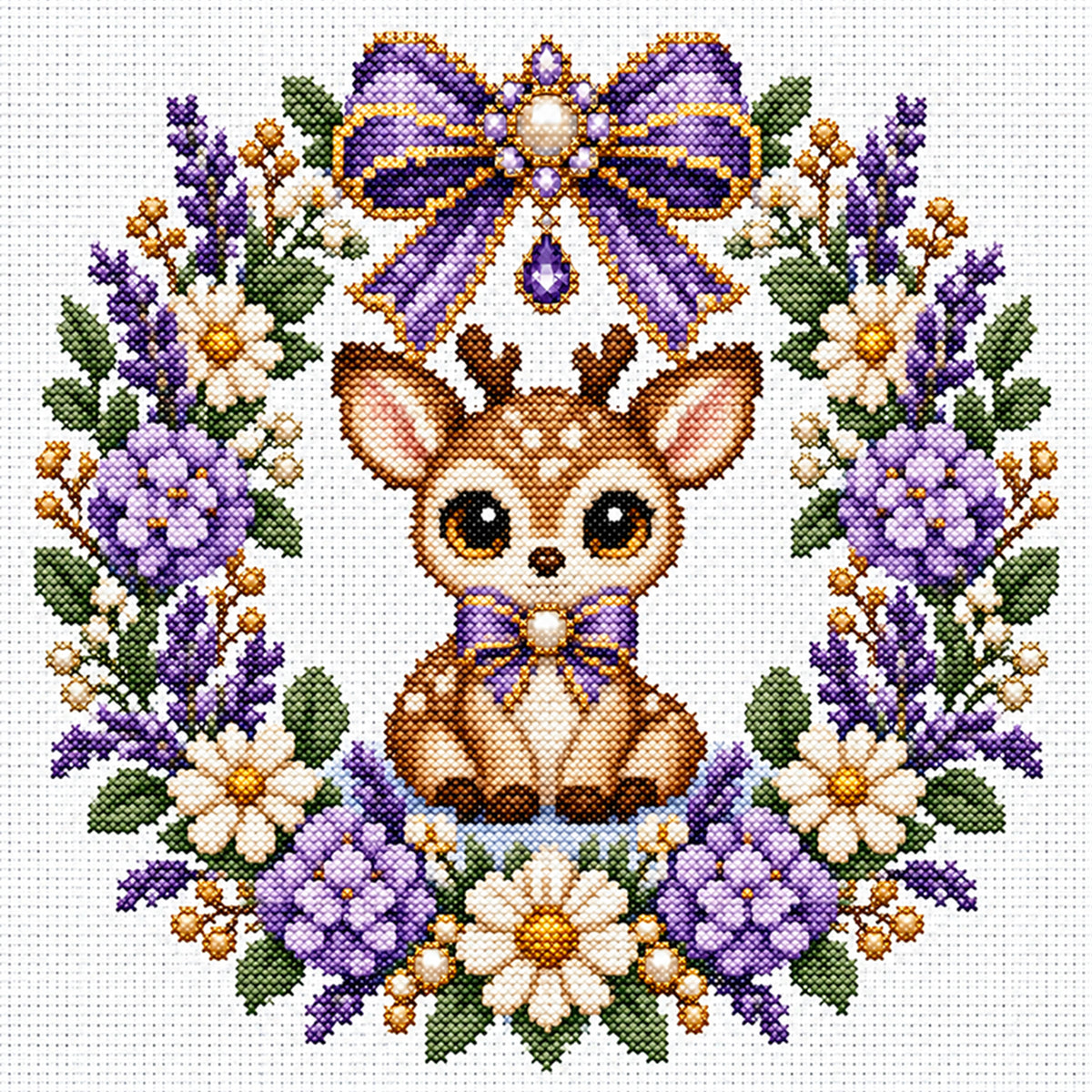 Purple Flower Deer Wreath - Full 14CT Stamped Cross Stitch 30x30CM - Huacan