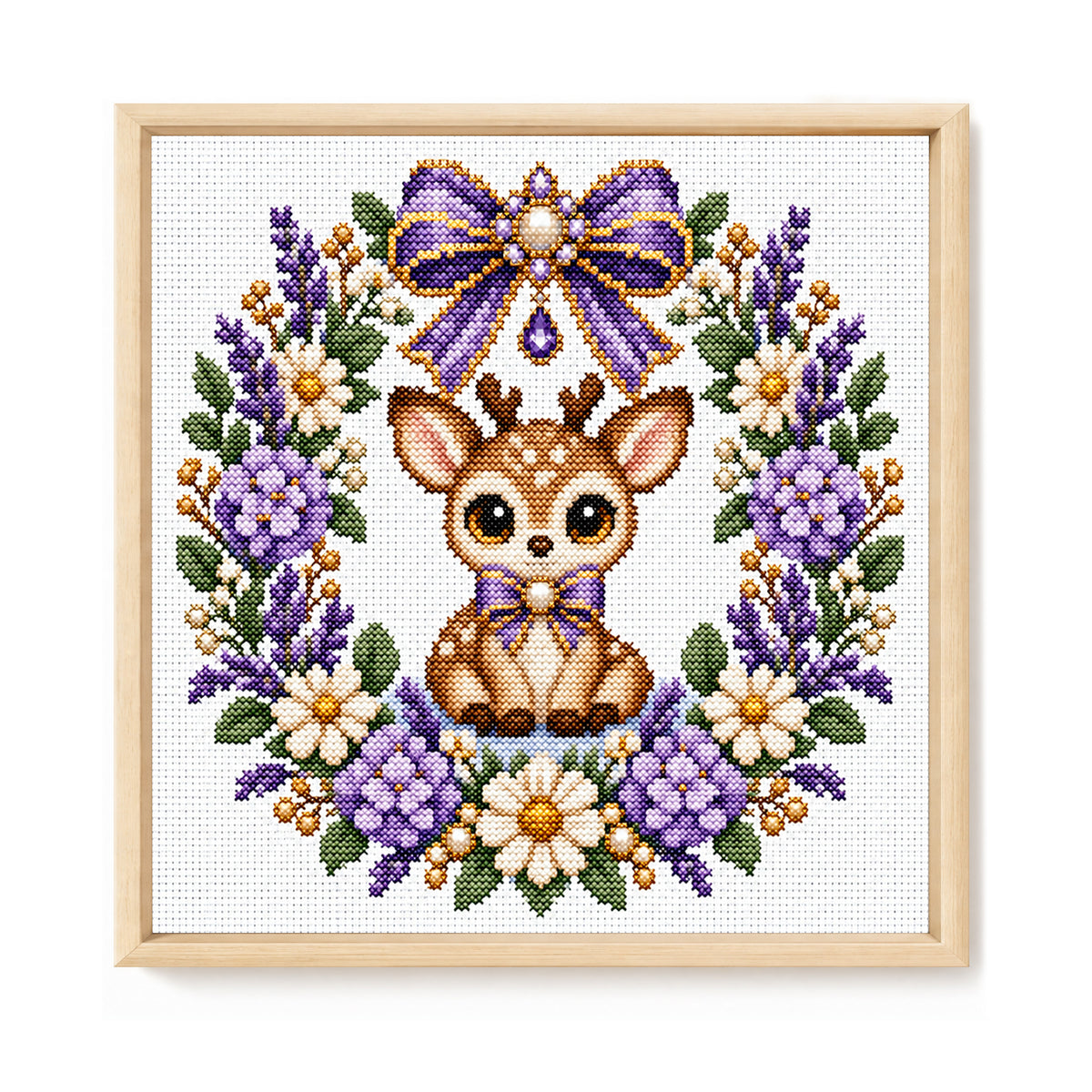 Purple Flower Deer Wreath - Full 14CT Stamped Cross Stitch 30x30CM - Huacan