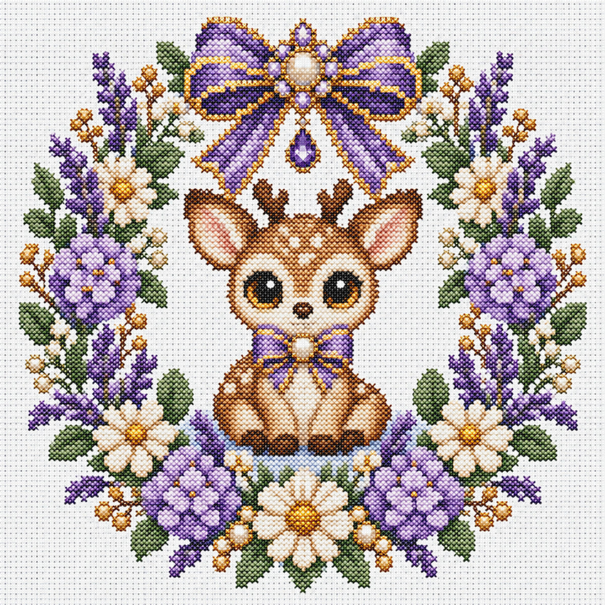 Purple Flower Deer Wreath - Full 14CT Stamped Cross Stitch 30x30CM - Huacan