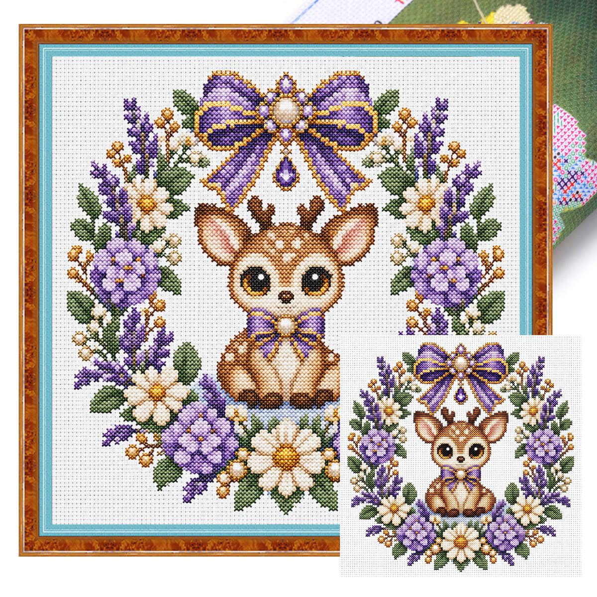 Purple Flower Deer Wreath - Full 14CT Stamped Cross Stitch 30x30CM - Huacan