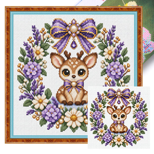Lila Blumen-Hirsch-Kranz – Vollständiges 14CT gestempeltes Kreuzstich-Set 30x30CM – Huacan