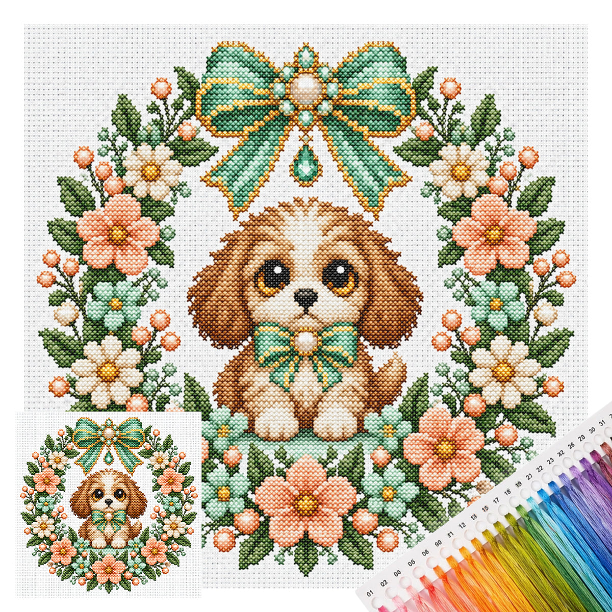 Peach Dog Wreath - Full 14CT Stamped Cross Stitch 30x30CM - Huacan