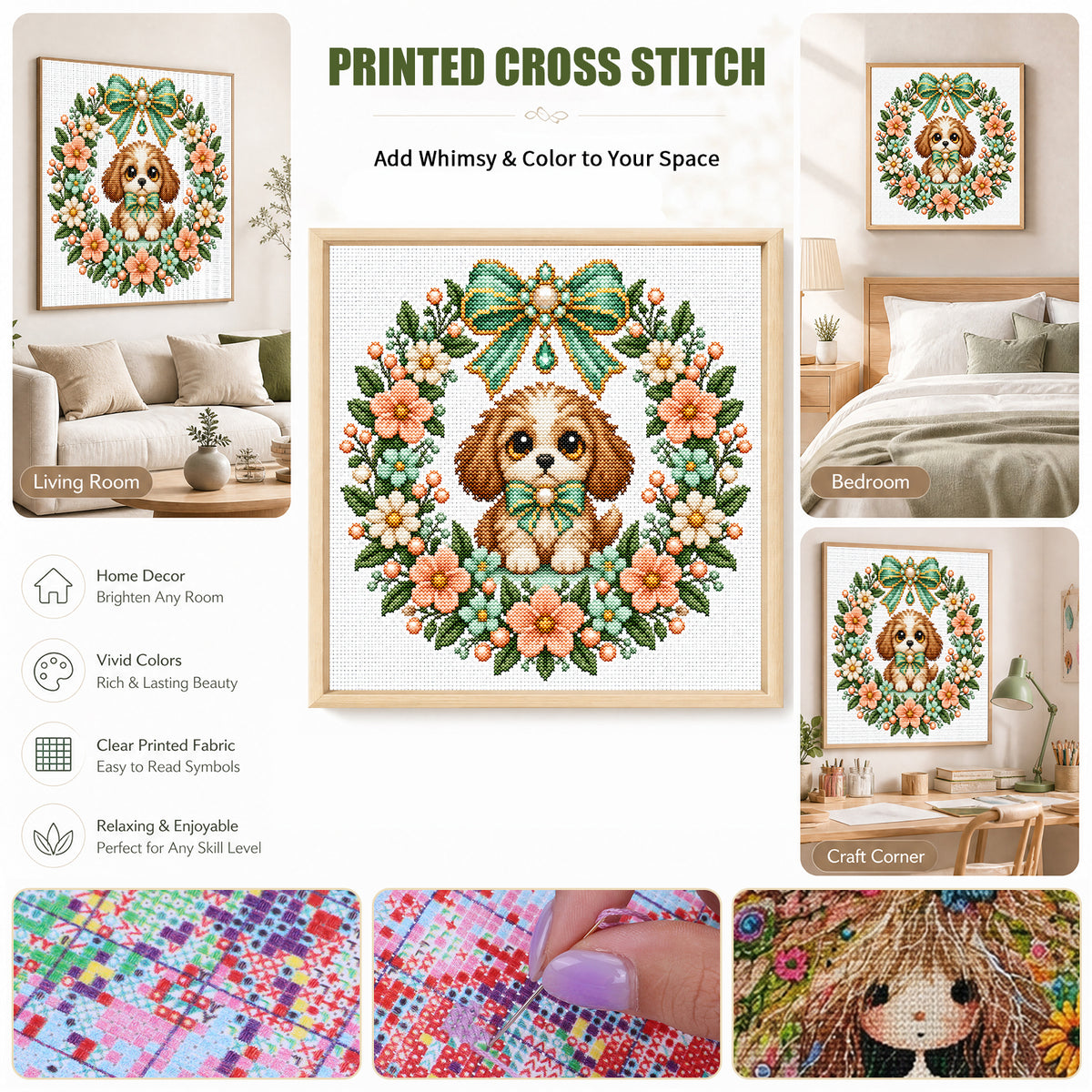 Peach Dog Wreath - Full 14CT Stamped Cross Stitch 30x30CM - Huacan