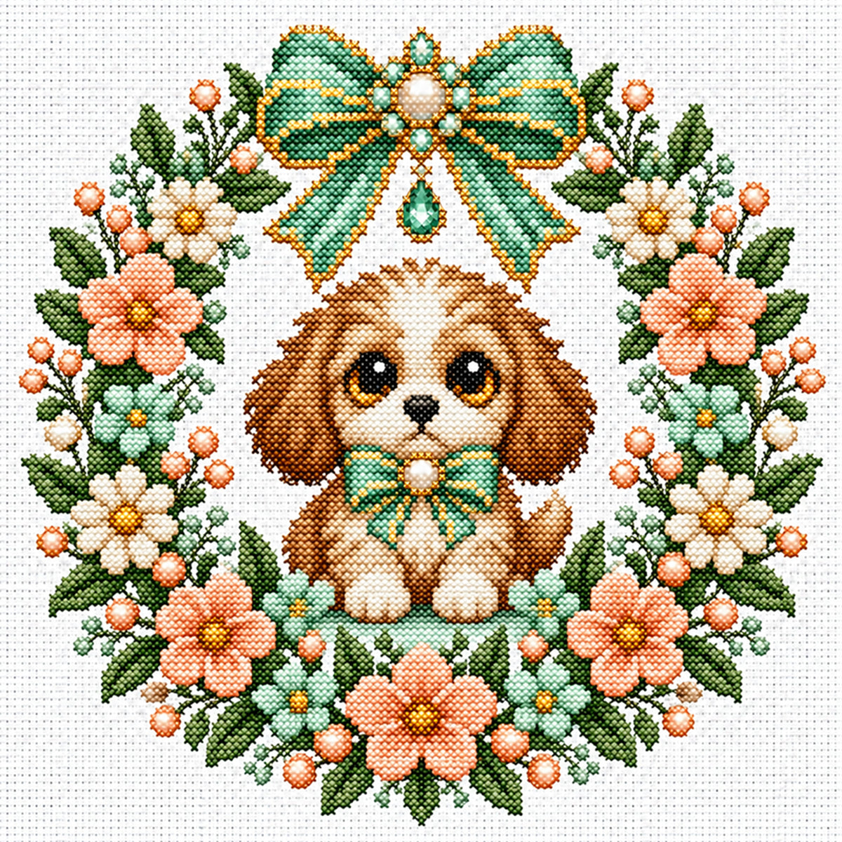 Peach Dog Wreath - Full 14CT Stamped Cross Stitch 30x30CM - Huacan