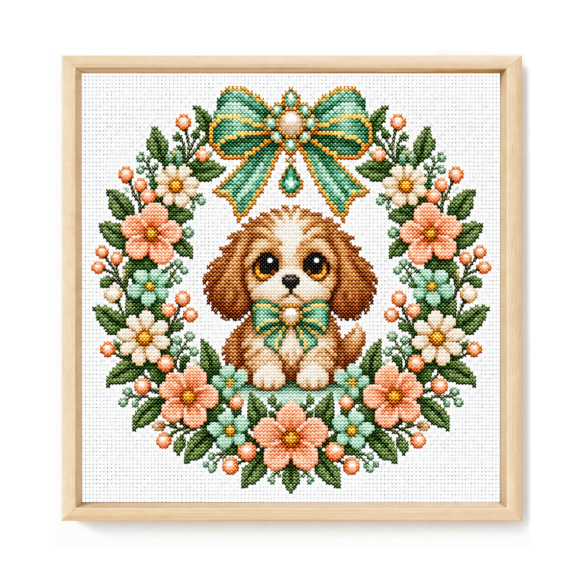 Peach Dog Wreath - Full 14CT Stamped Cross Stitch 30x30CM - Huacan