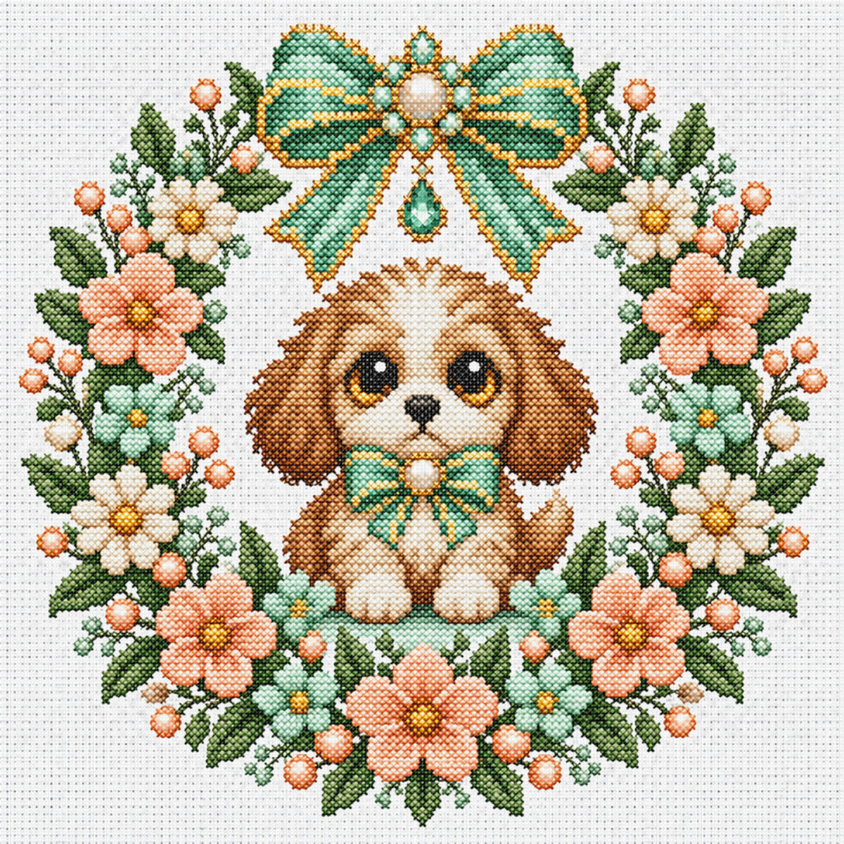 Peach Dog Wreath - Full 14CT Stamped Cross Stitch 30x30CM - Huacan